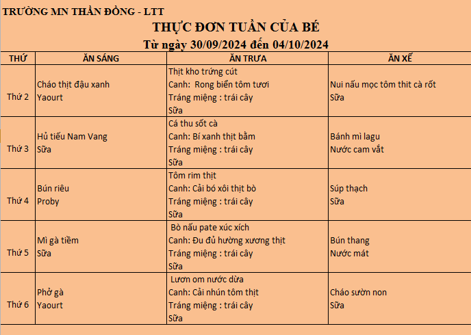 THỰC ĐƠN BÉ TỪ NGÀY 30/09/2024 ĐẾN NGÀY 04/10/2024